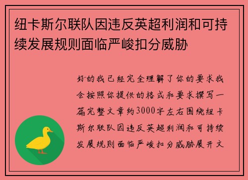 纽卡斯尔联队因违反英超利润和可持续发展规则面临严峻扣分威胁 纽卡斯尔联队因违反英超利润和可持续发展规则面临严峻扣分威胁