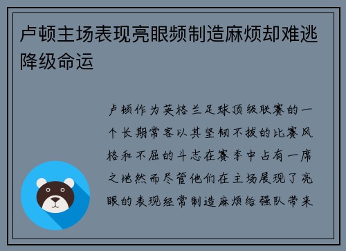 卢顿主场表现亮眼频制造麻烦却难逃降级命运 卢顿主场表现亮眼频制造麻烦却难逃降级命运